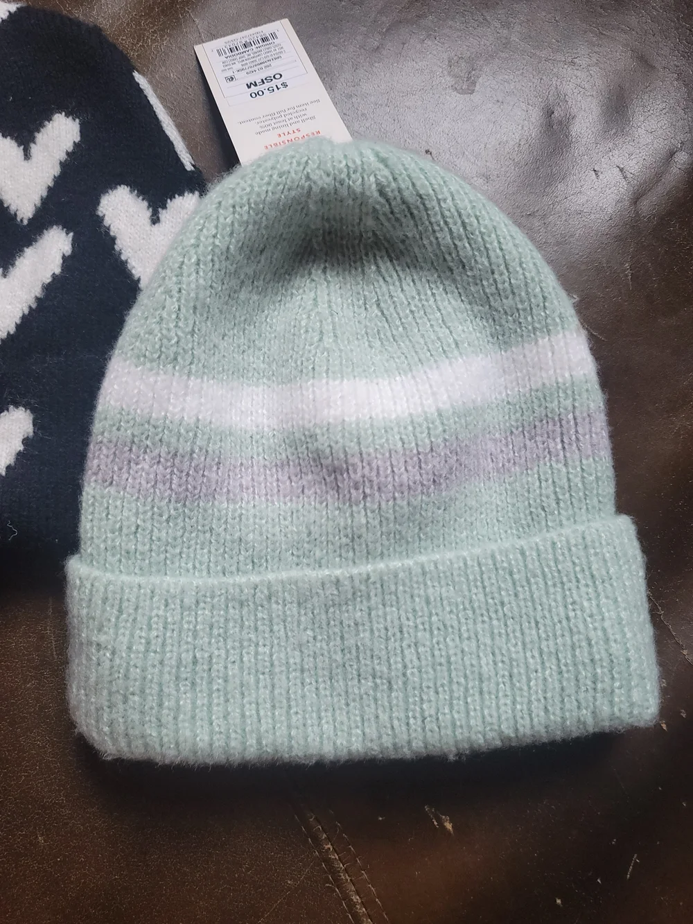 Cat & Jack Kids' Black & White Heart Beanie & Mint Stripe Knit Hat Set